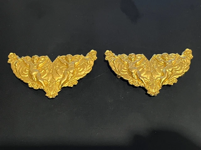 Pair of Vintage Pressed Brass Putti Angel Embellishments Curtain Tie Holders