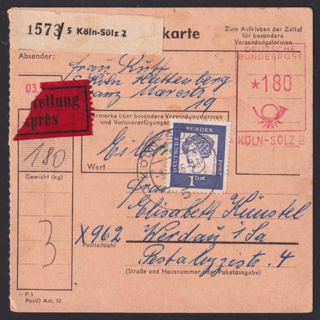 Bund Nr. 361 MiF mit 180 Pfg. Freistempel a. Paketkarte KÖLN-SÜLZ 1966 (88354)