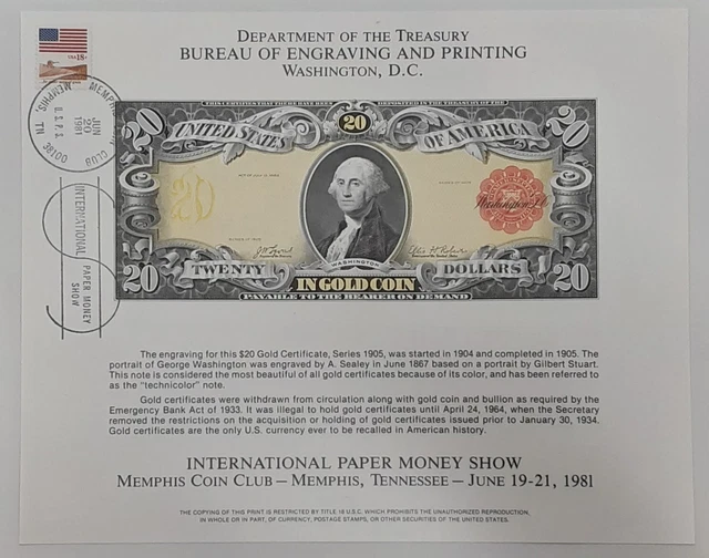 BEP Souvenir Card IPMS 1981 face 1905 $20 GC Show Cancelled - See Photos  B-53