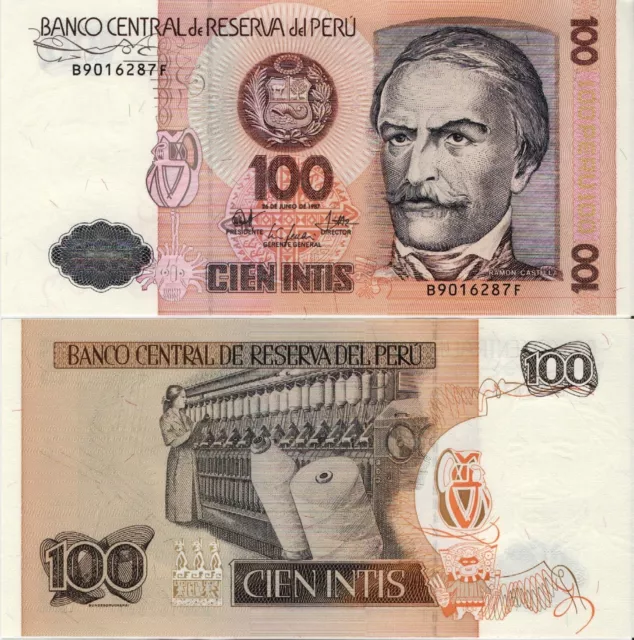 1987 Peru Banknote UNC 100 Intis Cien Central Reserve Bank of Peru P-133