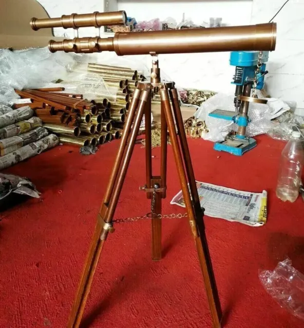 Brass Antique Telescope 18" With Wooden Tripod Stand Nautical Floor Standing