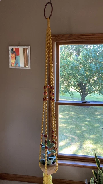 Massive mid century macrame plant hanger gold yellow hanging boho chic
