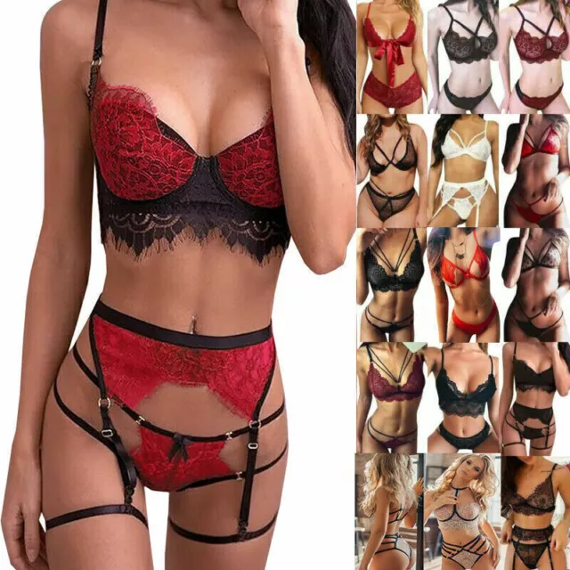 Women Erotic Lace Lingerie Underwear Set Babydoll Nightwear Sexy Bra Garter  Thongs