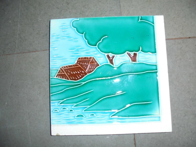 4 Pc Vintage Natural Lake Scenery Design T.S Trademark Ceramic Tiles,Japan 8