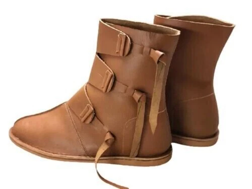 Chaussures viking avec demi-hautes viking médiévales bottes en cuir marron...