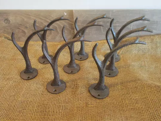 8 Cast Iron Antler Hooks Deer Elk Coat Hat Hall Tree Entry Way Rack Tack Hook