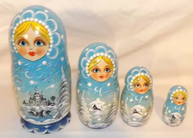 Russian Matryoshka Nesting Doll 7” 4 Pc. Winter Christmas Scene Hand Painted