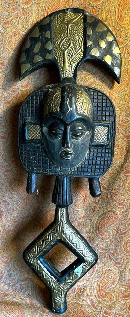 Vintage Carved Wood & Brass Metal African Tribal Ethic Art Carving Carved Statue