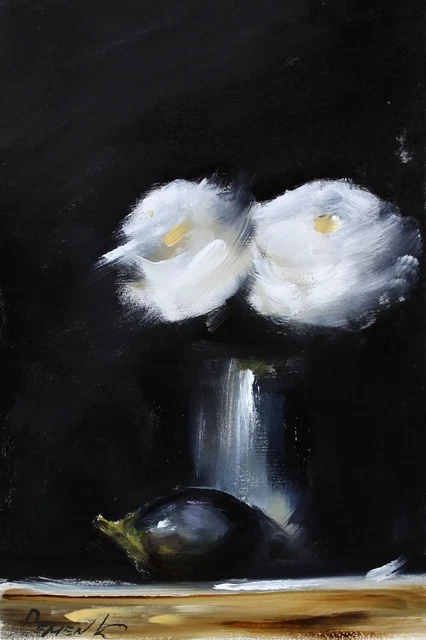 Abstract vintage BLUE VASE AND WHITE FLOWERS Oil paintingUKRAINE DEMENKO NATA