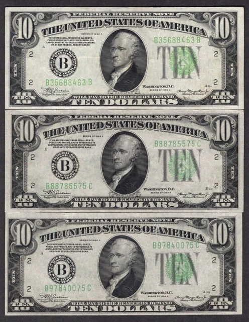 Lot of 3 1934 A $10 Ten Dollar Bills Green Seal S492
