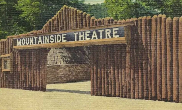 CJ-010 NC Cherokee Mountain Side Theatre Linen Postcard Log Entrance Facade