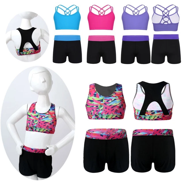 Girls Kids Gymnastics Sport Outfit Crop Top Dance Shorts Set Dancewear Tracksuit