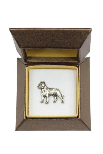 Cane Corso - silver plated pin with image of a dog in box, Art Dog UK