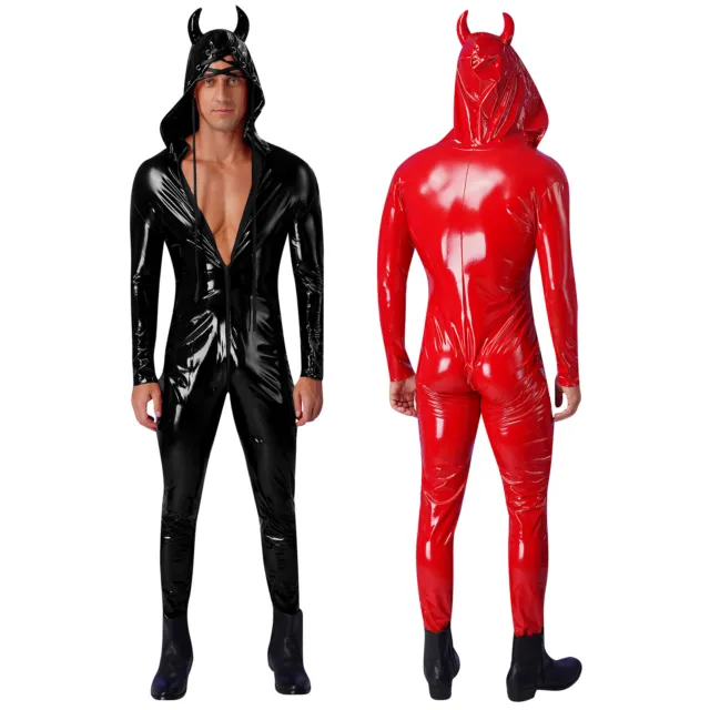 Men Hooded Patent Leather Jumpsuit Underwear Bodysuit Halloween Leotard Glossy