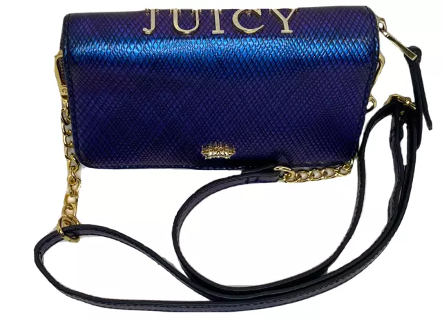 JUICY COUTURE Blue IRIDESCENT CROSSBODY CLUTCH Wallet CHAIN Strap GOLD CROWN