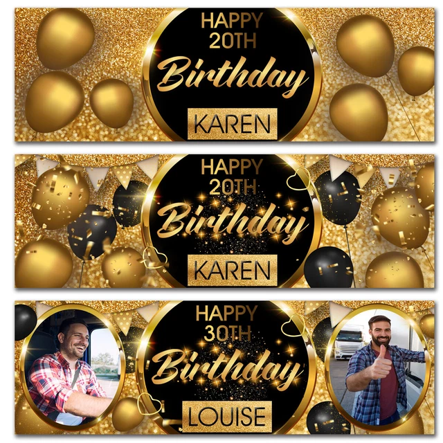 PERSONALISED BIRTHDAY BANNER photo black gold party balloon poster