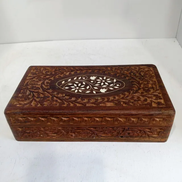 Vintage Hand Carved Wood Trinket Box Ornate Design with White Inlay Hinged Lid