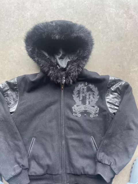 PELLE PELLE MENS Black Leather Fur Collared Full-Zip Bomber Jacket Size ...