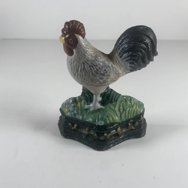 HIERRO FUNDIDO Gallo Pintado Gallo Puerta Parada Metal De Colección ANTIGUA Cuña