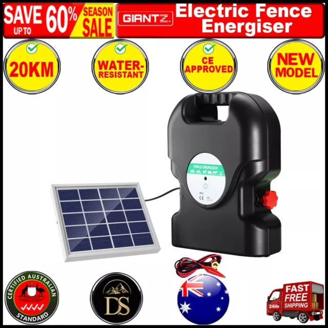 Giantz 20km Electric Fence Energiser Solar Energizer Charger Farm Animal 1.2J