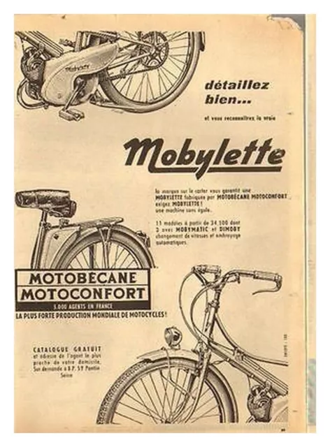 document 1958 (réf PEL) PUBLICITE CYCLOMOTEUR MOBYLETTE MOTOBECANE  1p