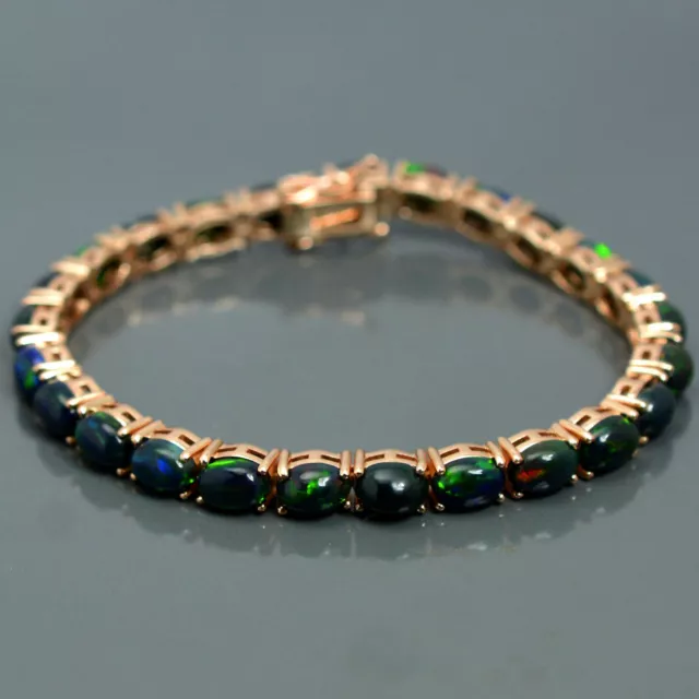 Natural Ethiopian Black Opal 14K Rose Gold Plating 925 Silver Tennis Bracelet