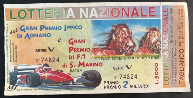 Biglietto Lotteria Agnano e G.P. F1 S. Marino estrazione 5 maggio 1996 tagliando