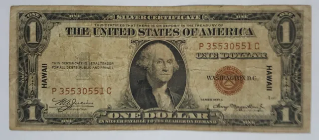 1935 A $1 One Dollar Hawaii Overprint Emergency Silver Certificate Note Red Seal