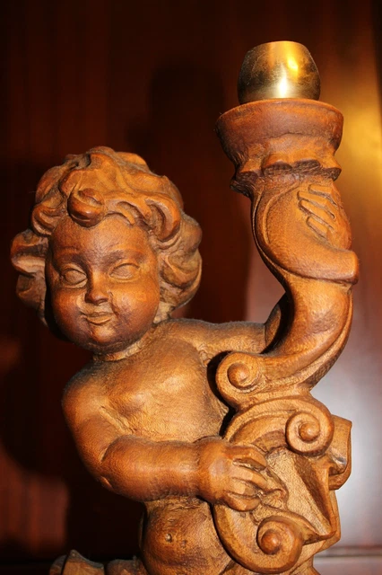 Vtg 14" Wood Hand Carved Candle Holder Standing Angel Cherub Putto Statue Figure