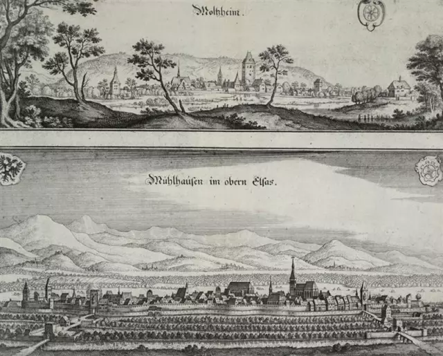 HOLZHEIM - MÜLHAUSEN - Vogelschau - Matthäus Merian - Kupferstich 1643