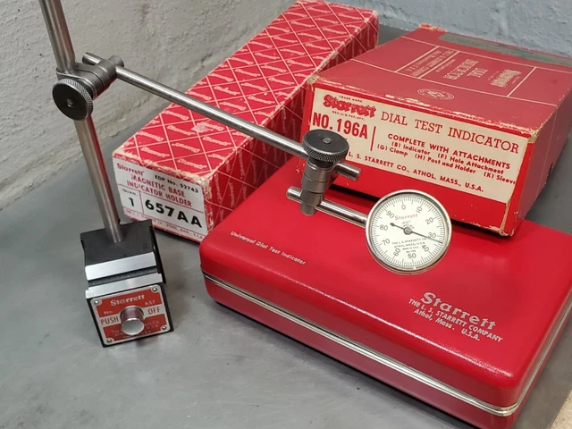 Starrett No. 657AA magnetic base with a No. 196 indicator set - Made in U.S.A. Starrett No. 657AA magnetic base with a No. 196 indicator set - Made in U.S.A.