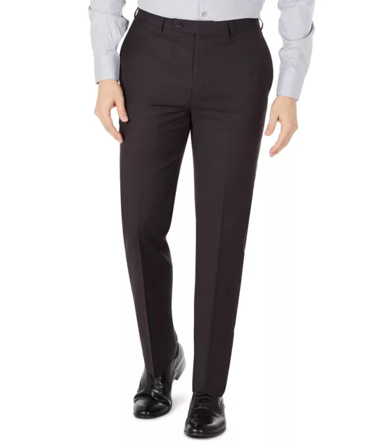 Calvin Klein Men's 33 x 32 Slim-Fit Wool Dress Pants Eggplant Plaid