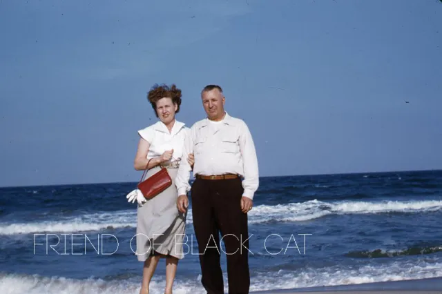 1950s Kodachrome Red Border Slide Couple Atlantic Ocean Norfolk Virginia