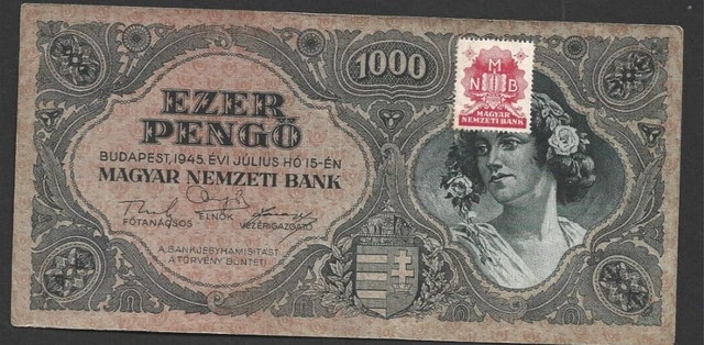 1000 PENGO VERY FINE  BANKNOTE HUNGARY  1945  PICK-118b WITH STAMP