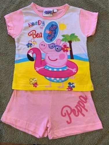 PEPPA PIG Girl's 100% Cotton Pink Shorts and Top Beach PJ Set NEW  Fast Freepost