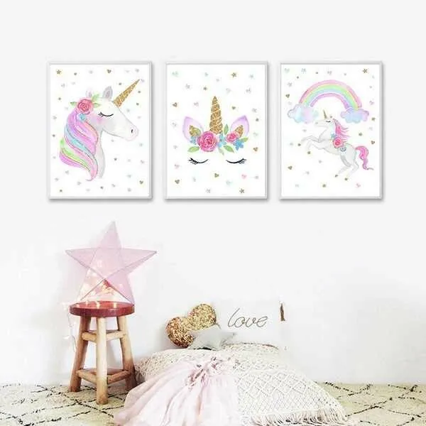 Imágenes de unicornio con impresiones de lona para guardería bebé dormitorio infantil