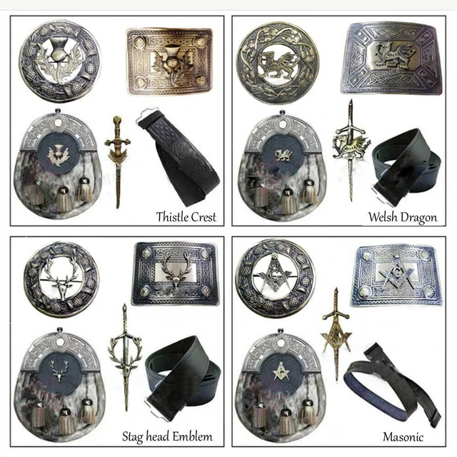 Men's Scottish Kilt Accessory Set - 4 Pieces: Sporran, Belt, Buckle, Brooch & Badges - Brown Leather