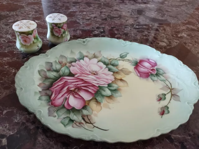 Vintage Ceramic Serving Platter- Green with Pink Flowers; Matching Salt Shakers