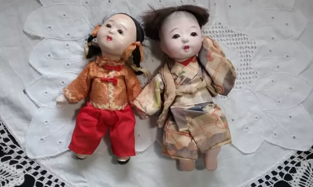Vintage Japanese Ichimatsu Gofun Dolls Girl & Boy Glass Eyes Jointed