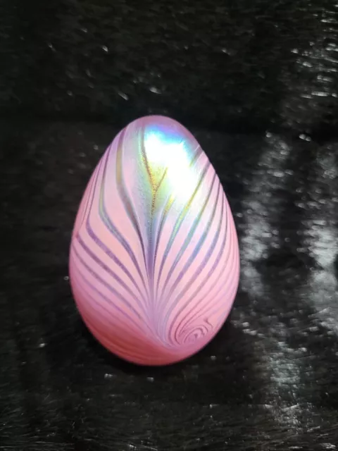 Vintage OBG Art Glass PAPERWEIGHT Iridescent Pulled Feather Pink Egg 1994