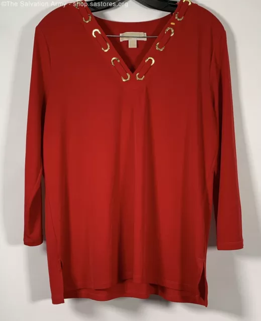 Michael Kors Women's Scarlet Red Braided V Neck Long Sleeve Shirt  Size Large