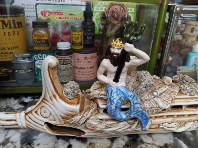 Vintage Old Aquarium Ceramic Bisque Sitting Blue Tail King Titon Merman Mermaid