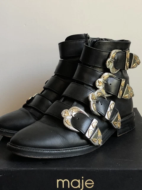 BOTTINES MAJE EN cuir noir Low Boots pointure 37 à sangles et