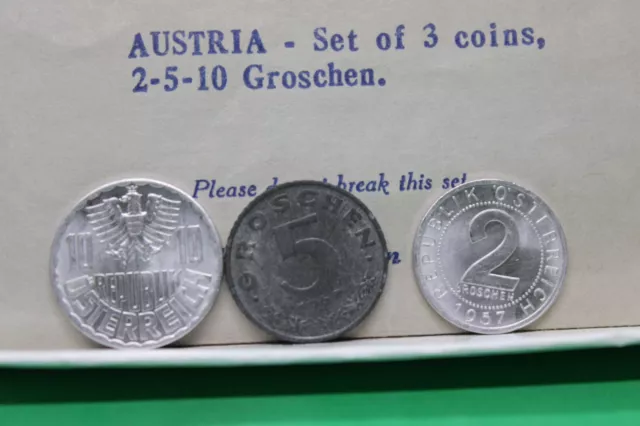 1957 Austria set of 3. 2, 5 & 10 groschen, uncirculated in Littleton envelope