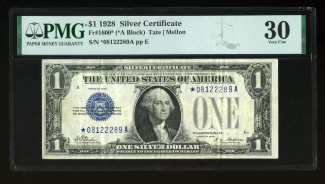 DBR 1928 $1 Silver Funnyback STAR Fr. 1600* PMG 30 Serial *08122289A