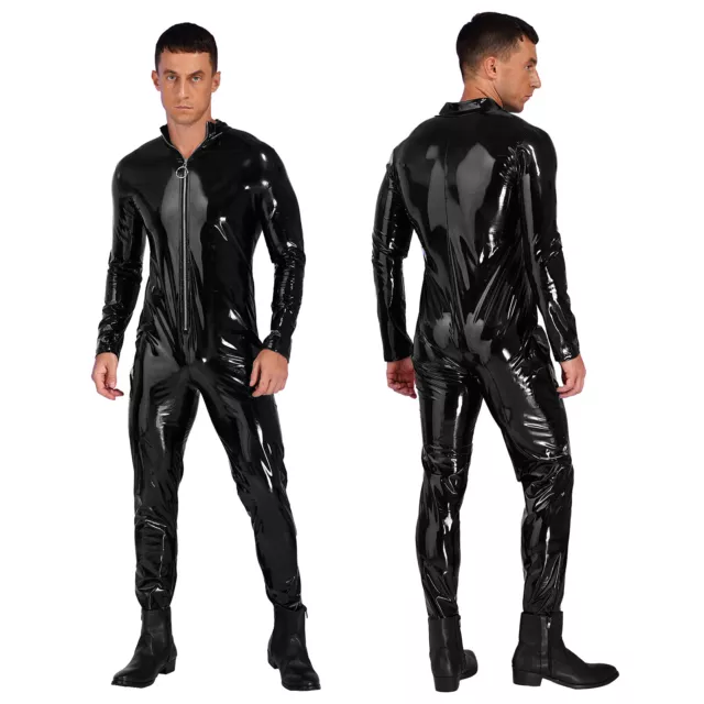 MENS WETLOOK PATENT Leather Bodysuit Sleeveless Mesh Catsuit