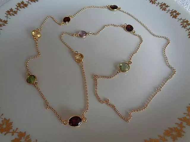 Lange Gold Kette, Gold Filled, mit Citrin-Quarz, Granat, Amethyst-Quarz