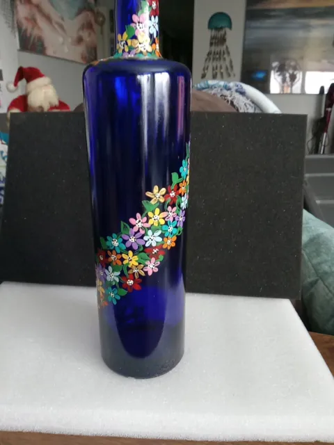 Beautiful Blue Bottle Hand-painted With Decorative Flowers