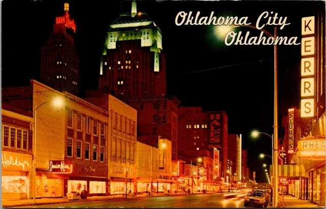 Downtown Oklahoma City Main Street at Night Junior Miss JC Penney 1960s Postcard