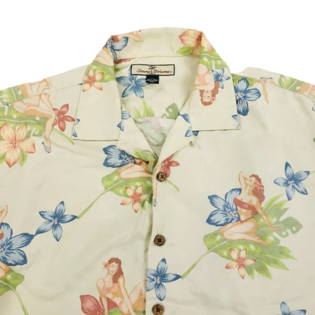 Vintage Tommy Bahama 100% Silk Hawaiian Shirt Pin Up Hula Girl Bikini Large